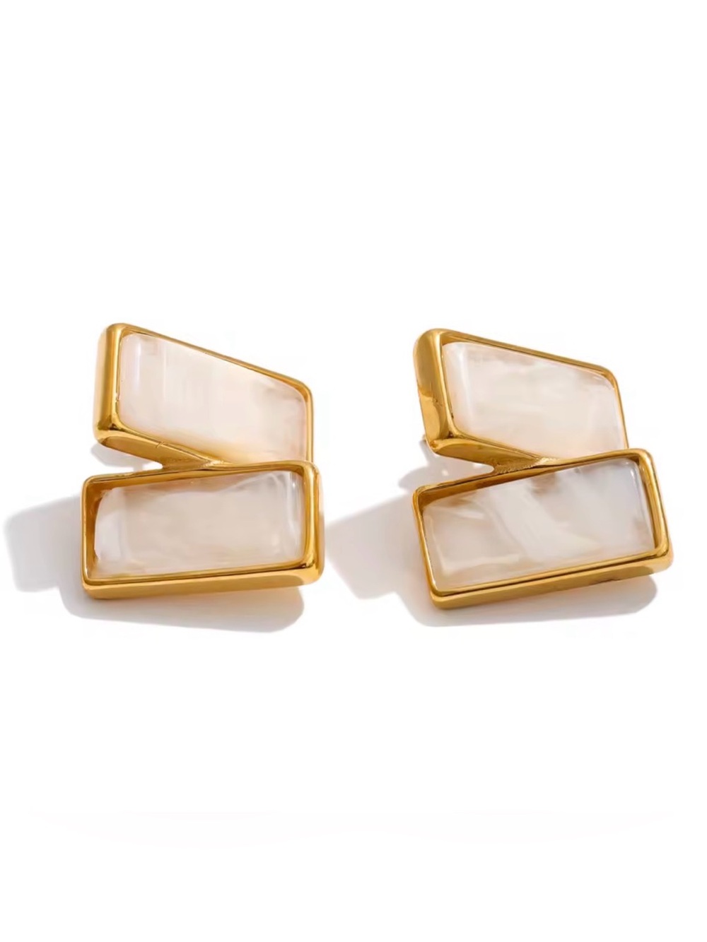 Gold and Mother-of-Pearl Zigzag Stud Earrings - Women Jewelry